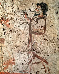 Un músico tocando la flauta. Fresco lucano del siglo IV a. C., procedente de la necrópolis de Paestum, Italia. Museo Nazionale Archeologico, Paestum