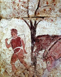 Un campesino conduciendo dos caballos. Fresco lucano del siglo IV a. C., procedente de la necrópolis de Paestum, Italia. Museo Nazionale Archeologico, Paestum