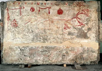 Fresco lucano de una cuadriga del siglo IV a. C., procedente de la necrópolis de Paestum, Italia. Museo Nazionale Archeologico, Paestum