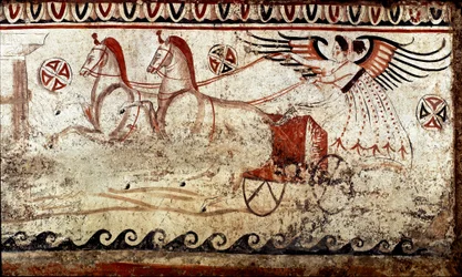 Una Victoria conducida en una biga. Fresco lucano del siglo IV a. C., procedente de la necrópolis de Paestum, Italia. Museo Nazionale Archeologico, Paestum