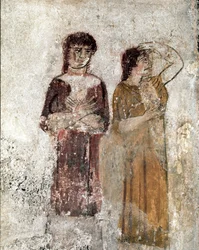 Retrato de dos mujeres. Fresco lucano del siglo IV a. C., procedente de la Tumba del Jinete, yacimiento de Paestum, Italia. Museo Nazionale Archeologico, Paestum
