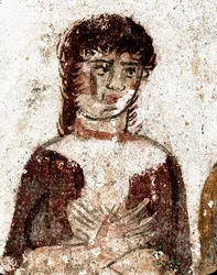 Retrato de una mujer. Fresco lucano del siglo IV a. C., procedente de la Tumba del Jinete, yacimiento de Paestum, Italia. Museo Archeologico Nazionale, Paestum