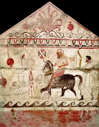 El regreso del guerrero victorioso. Fresco lucano del siglo IV a. C., procedente de la tumba 86 de la necrópolis de Andriuolo en Paestum, Italia. Museo Nazionale Archeologico, Paestum