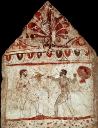 Dos atletas practicando pugilato (boxeo). Fresco lucano del siglo IV a. C., procedente de la necrópolis de Paestum, Italia. Museo Archeologico Nazionale, Paestum