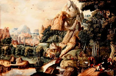 Un paisaje con monos y humanos y ciudad mítica al fondo