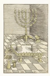 Candelabro de siete brazos y mesa con el pan de muestra