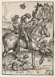 Un caballero y una dama cabalgando hacia la caza