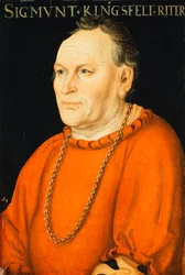 Retrato de Sigmunt Kingsfelt, medio cuerpo, con un traje rojo