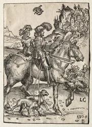 Un caballero y una dama cabalgando hacia la caza