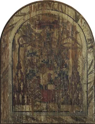 Retablo Pfirtscher: Cristo como Varón de Dolores, sentado en un sarcófago entre la Virgen y San Juan [panel central].