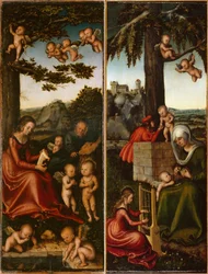 Alemán: Heilige Familie von Engel umgeben amp; Erziehung der Jungfrau Maria (linker und rechter Flügel eines Marienaltares) La Sagrada Familia rodeada de ángeles amp; Educación de la Virgen María [ala izquierda y derecha de un Altar de la Virgen].