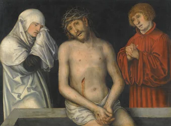 Alemán: Der Schmerzensmann zwischen Maria und Johannes Hombre de dolores flanqueado por la Virgen y San Juan