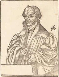 Philip Melanchton, medio cuerpo a la izquierda, de pie detrás de un parapeto