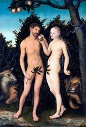 Pintura "Adán y Eva en el Paraíso" de Lucas Cranach el Viejo (1472-1553) 1531 Staatliche Museen, Berlín Alemania ©DeAgostini/Leemage