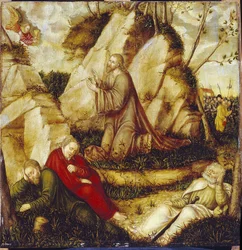 Agonía en el Huerto de los Olivos (La Agonía en el Huerto). Pintura de Lucas Cranach, el Viejo (1472-1553), óleo sobre madera. arte alemán