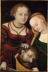 Judith con la cabeza de Holofernes y un sirviente (óleo sobre madera)