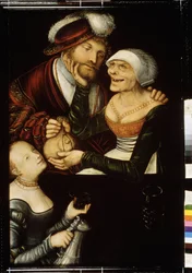 "La proxeneta" Un viejo proxeneta desdentado toma el bolso de un cliente a cambio de una entrevista con una prostituta. Pintura de Lucas Cranach el Viejo (1472-1553) circa 1530 Museo Estatal de Arte de Georgia, Tiflis (Tbilisi) Georgia