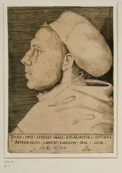 Martín Lutero con gorro de médico. Grabado ... (grabado)