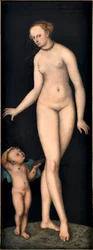 Venus con Cupido el ladrón de miel, por Cranach, Lucas, el Viejo (1472-1553). Óleo sobre madera, después de 1537. Dimensión: 175,4x66,3 cm. Germanisches Nationalmuseum, Núremberg