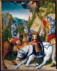 Conversión en el camino de Damasco (Siria). (La Conversión en el Camino de Damasco). San Pablo (Saulo) de Tarso (c. 8-c. 67). Pintura de Lucas Cranach el Joven (1515-1586), óleo sobre madera. arte alemán