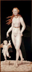 Venus y Cupido. Pintura de Lucas Cranach el Joven (1515-1586), hacia 1540. Dimensiones: 196 x 89 cm. Múnich, Alte Pinakothek