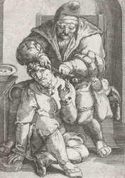 Cirujano barbero del siglo XVII atendiendo el oído de un paciente