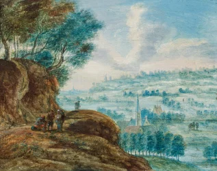 Figuras en una calzada sobre un extenso paisaje (óleo sobre tabla)