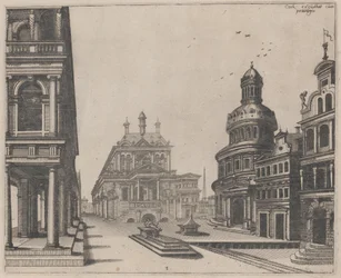 Esquina de un Palacio con Columnata y Edificio Circular