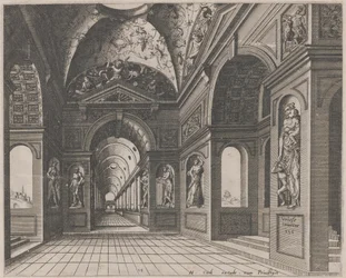 Interior de un salón abovedado decorado con grotescos