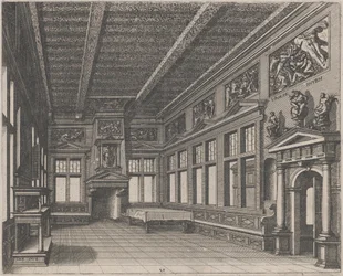 Interior con Aparador, Chimenea y Pinturas Religiosas