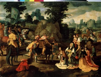 David y Abigail (Abigael, Abigail). Pintura de Lucas van Leyden (1489/94-1533). Óleo sobre madera. Arte renacentista de las tierras bajas. Museo de Arte Occidental y Oriental, Odessa (Ucrania)