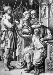 David tocando el arpa ante el rey Saúl, circa 1508, por Lucas van Leyden, grabado