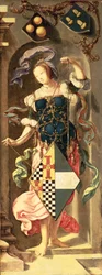 La curación del ciego de Jericó, panel derecho del tríptico que muestra a una joven con el escudo de armas del patrón, 1531
