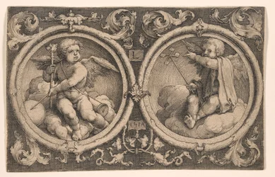 Dos cupidos sentados sobre nubes