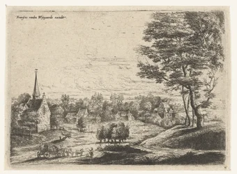 Vista de un pueblo con un carro cubierto Cinco paisajes (título de la serie)