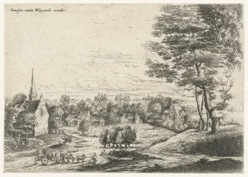 Vista de un pueblo con un carro cubierto Cinco paisajes (título de la serie)