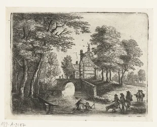 Paisaje con un río, un puente y jinetes. Pequeños paisajes (título de serie)