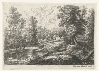 Paisaje con casas y una iglesia rodeada por un muro Cinco paisajes (título de la serie)