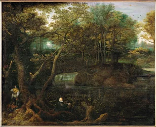 Pescador en el estanque del bosque (pintura sobre madera de roble)