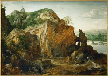 Paisaje en el río Maas con mina de hierro y horno de fundición, tal vez el castillo de Beaufort.