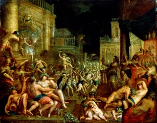 Banquete de Midas en honor a Baco y Sileno. c. siglo XVI