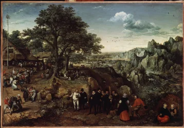 Paisaje con fiesta campestre (Paisaje con fiesta campestre). Pintura de Lucas van Valckenborch (1530-1597). Óleo sobre lienzo, 48,5 x 73,4 cm, finales de 1580 principios de 1590. Arte holandés, arte barroco. Museo del Hermitage, San Petersburgo.