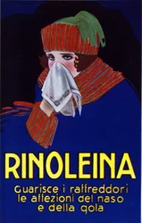 Publicidad del medicamento Rinoleina contra los resfriados, el dolor de garganta y la tos. Ilustración de Lucien Achille Mauzan (1883 - 1952).