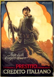 Cartel de propaganda italiano de la Primera Guerra Mundial que anuncia bonos de guerra
