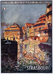 Vista de Estrasburgo con el canal de la Petite France (Rin) - Cartel publicitario de los Ferrocarriles de Alsacia y Lorena, principios del siglo XX