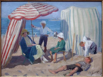En la playa. Pintura de Lucien Jonas (1880-1947), óleo sobre madera 1920, arte francés, siglo XX. Museo de la Piscina, Roubaix.