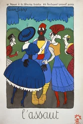 Soldado de permiso "atacado" por mujeres. 1915 (litografía en color)