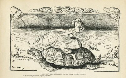 Ilustración en Le Rire, 05/10/12 - Los tortuosos caminos de la paz Italo turca - Guerra, Turquía, Italia, Paz - Tortuga - Animación, Alegoría