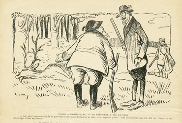 Ilustración en Le Rire, 05/12/08 - Caza en Rambouillet - Naturaleza Vegetación, Caza cazador, Presidente de la República, Rambouillet - Clemenceau Georges, Fallieres Armand (1841-1931), Ciervo