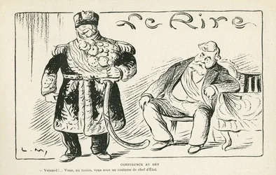 Ilustración en Le Rire, 27/07/12 - Confidencia al bey - Colonización - Fallieres Armand, Naceur Bey (Mohamed el-Naceur Bey)